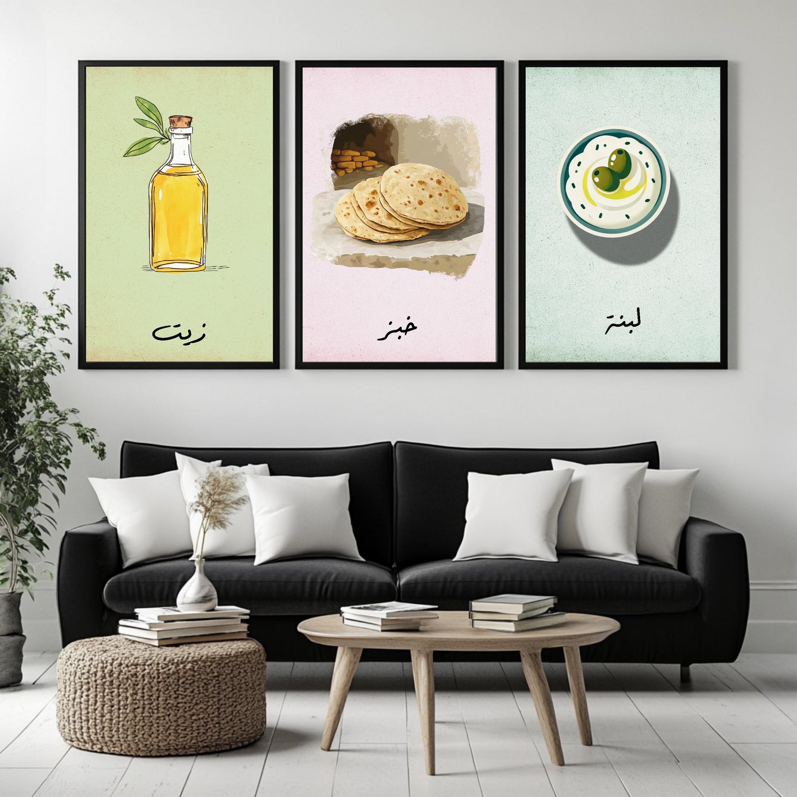 Set of 3 framed canvas triptych featuring illustrated olive oil bottle, flatbread and labneh bowl with Arabic calligraphy labels on soft green, pink and blue pastel backgrounds, displayed above a neutral sofa.