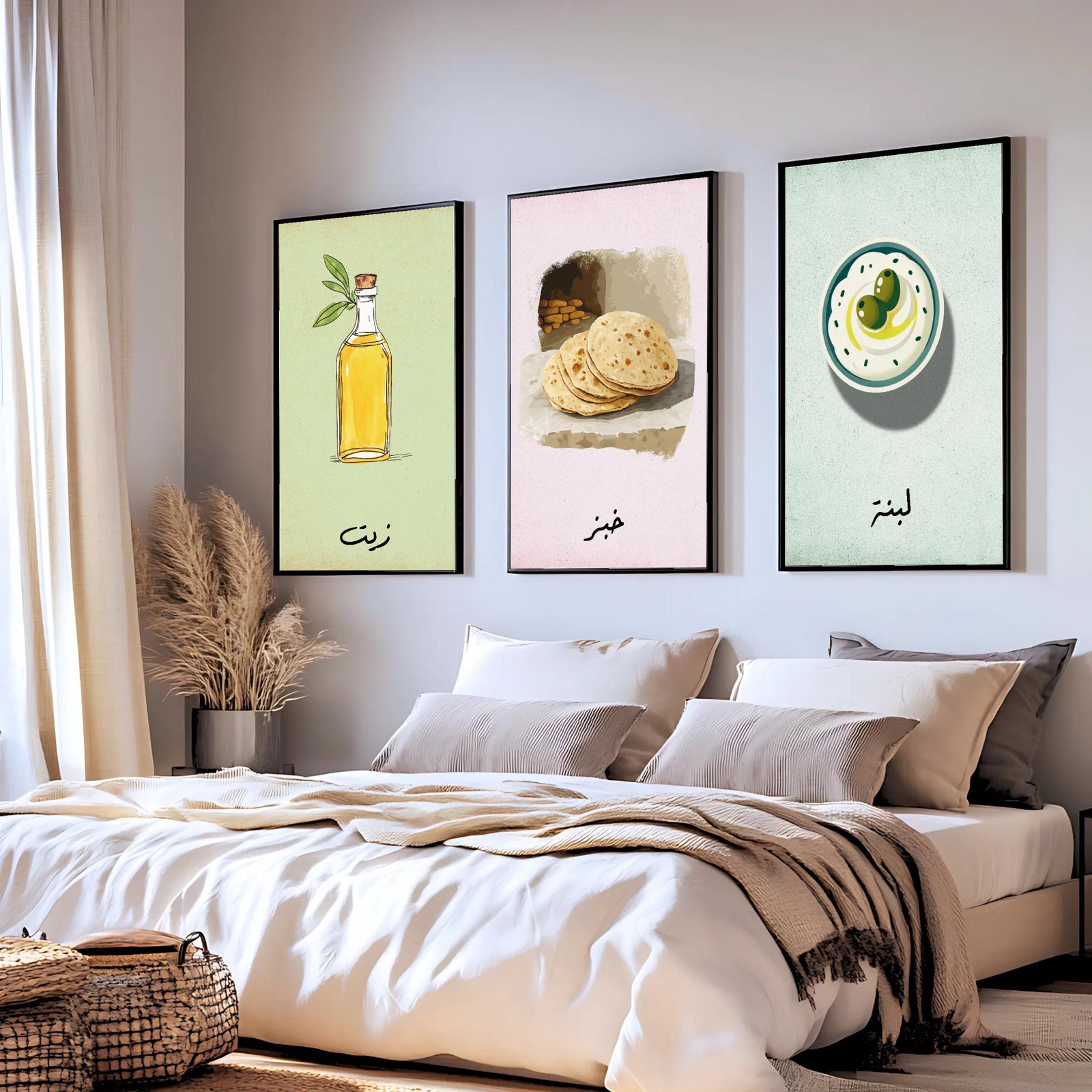 Set of 3 framed canvas triptych featuring illustrated olive oil bottle, flatbread and labneh bowl with Arabic calligraphy labels on soft green, pink and blue pastel backgrounds, displayed above a neutral sofa.