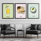Set of 3 framed canvas triptych featuring illustrated olive oil bottle, flatbread and labneh bowl with Arabic calligraphy labels on soft green, pink and blue pastel backgrounds, displayed above a neutral sofa.