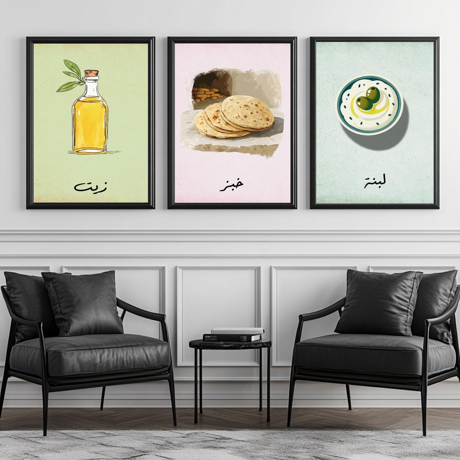 Set of 3 framed canvas triptych featuring illustrated olive oil bottle, flatbread and labneh bowl with Arabic calligraphy labels on soft green, pink and blue pastel backgrounds, displayed above a neutral sofa.
