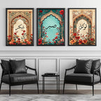 Set of 3 framed canvas triptych with Shukr, Sabr and Tawakkul in Arabic calligraphy inside gold, teal and vintage arches surrounded by lush red and orange Persian garden floral blooms, displayed above a neutral sofa.