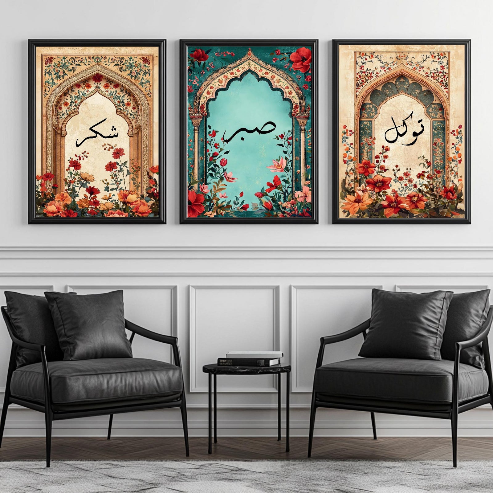 Set of 3 framed canvas triptych with Shukr, Sabr and Tawakkul in Arabic calligraphy inside gold, teal and vintage arches surrounded by lush red and orange Persian garden floral blooms, displayed above a neutral sofa.