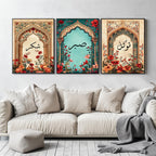 Set of 3 framed canvas triptych with Shukr, Sabr and Tawakkul in Arabic calligraphy inside gold, teal and vintage arches surrounded by lush red and orange Persian garden floral blooms, displayed above a neutral sofa.