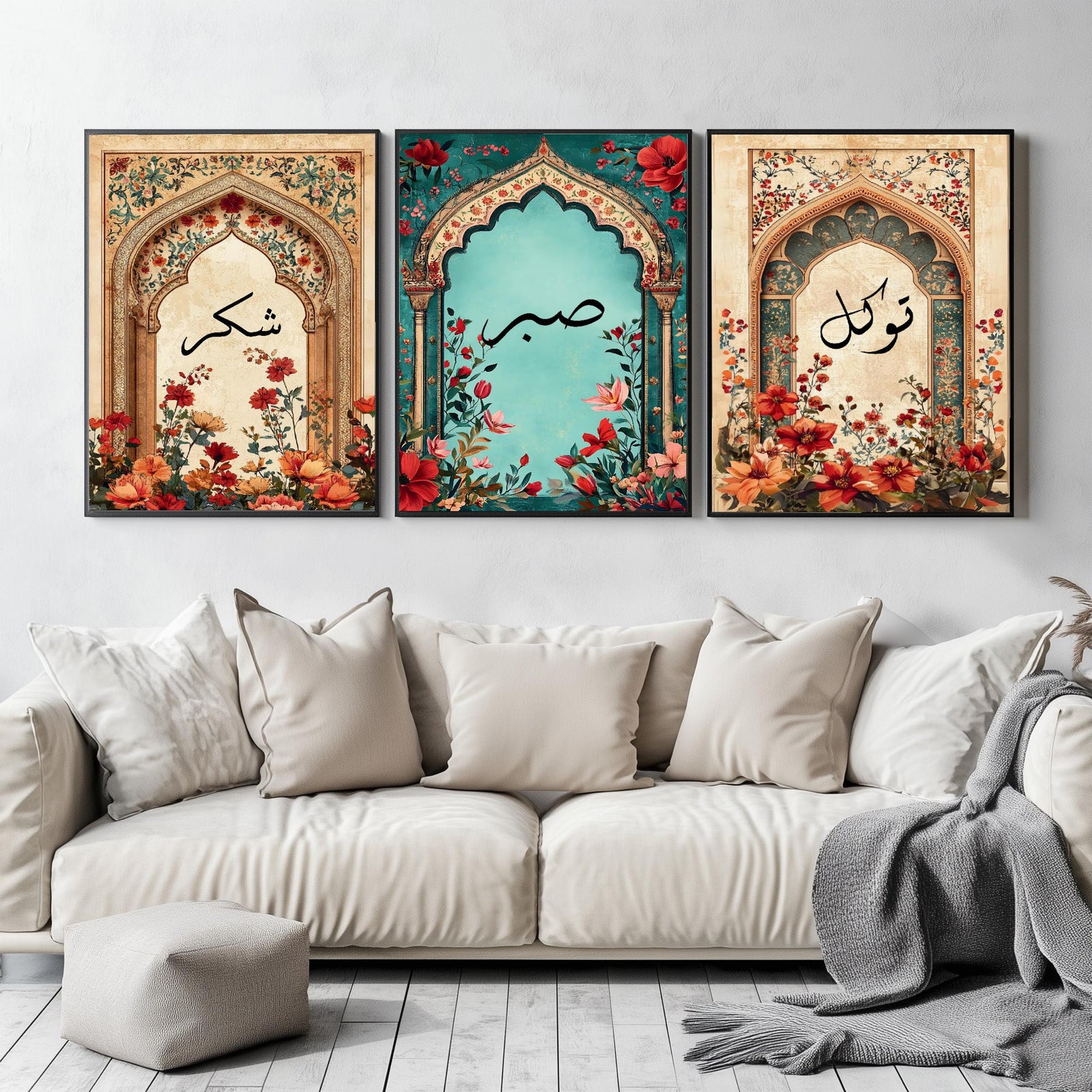 Set of 3 framed canvas triptych with Shukr, Sabr and Tawakkul in Arabic calligraphy inside gold, teal and vintage arches surrounded by lush red and orange Persian garden floral blooms, displayed above a neutral sofa.