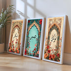 Set of 3 framed canvas triptych with Shukr, Sabr and Tawakkul in Arabic calligraphy inside gold, teal and vintage arches surrounded by lush red and orange Persian garden floral blooms, displayed above a neutral sofa.