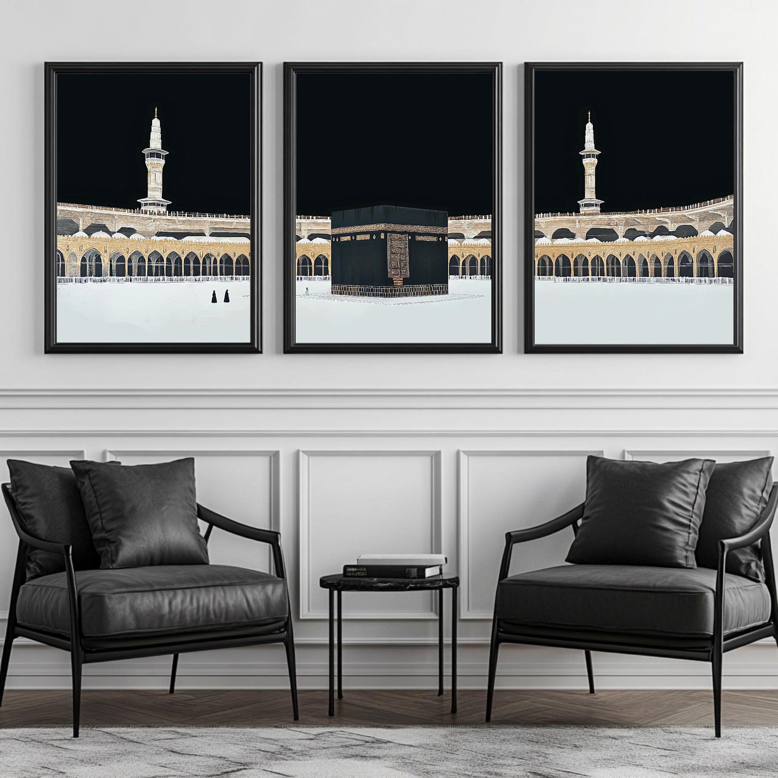 Set of 3 framed canvas triptych showing dramatic night views of Masjid Al-Haram with the Kaaba centered, glowing gold minarets and white marble courtyard against a deep black sky, displayed above a neutral sofa.