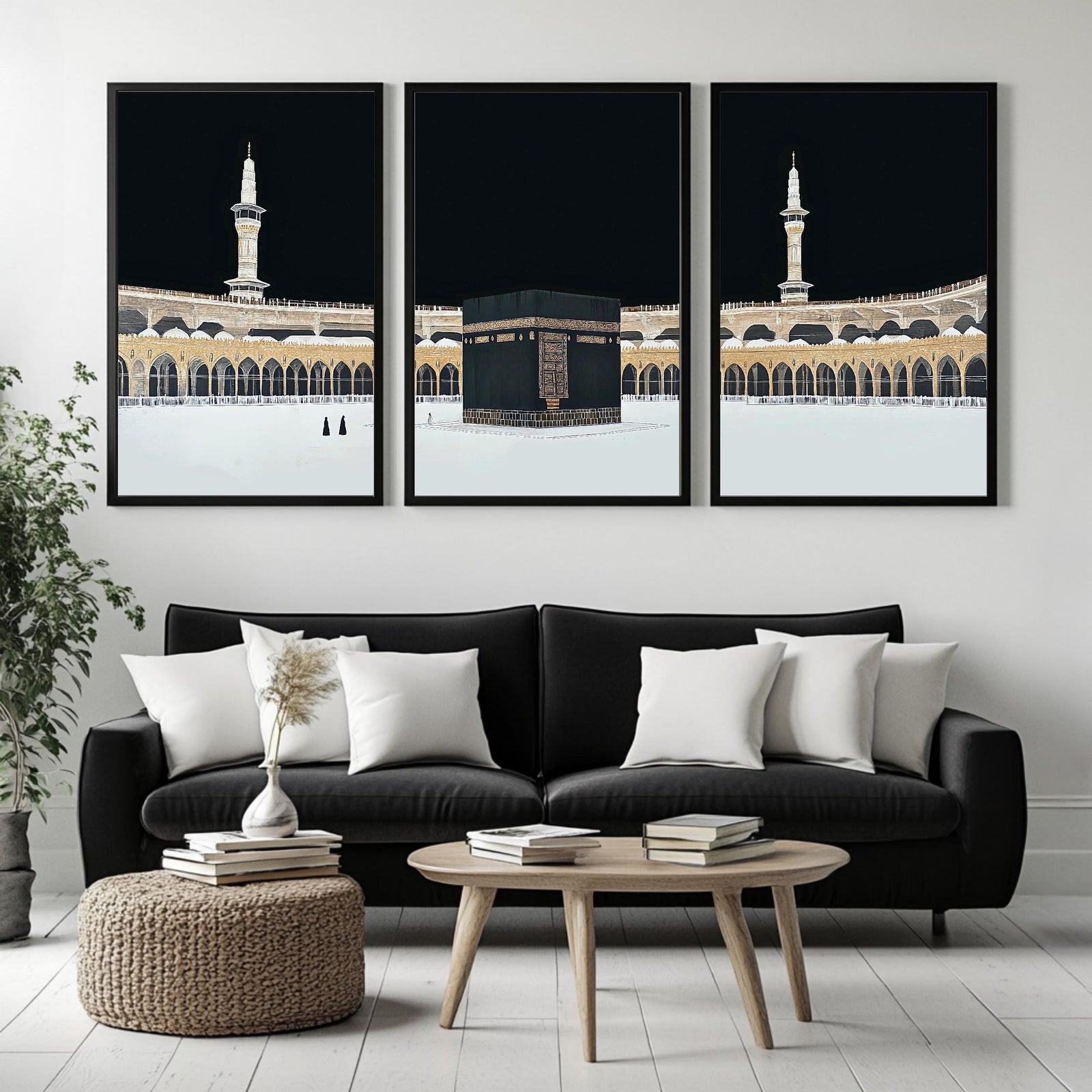 Set of 3 framed canvas triptych showing dramatic night views of Masjid Al-Haram with the Kaaba centered, glowing gold minarets and white marble courtyard against a deep black sky, displayed above a neutral sofa.