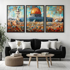 Set of 3 framed canvas triptych depicting Masjed Al Aqsa and the Dome of the Rock in Jerusalem in a bold mosaic patchwork style with warm terracotta and teal tones, displayed above a neutral sofa.