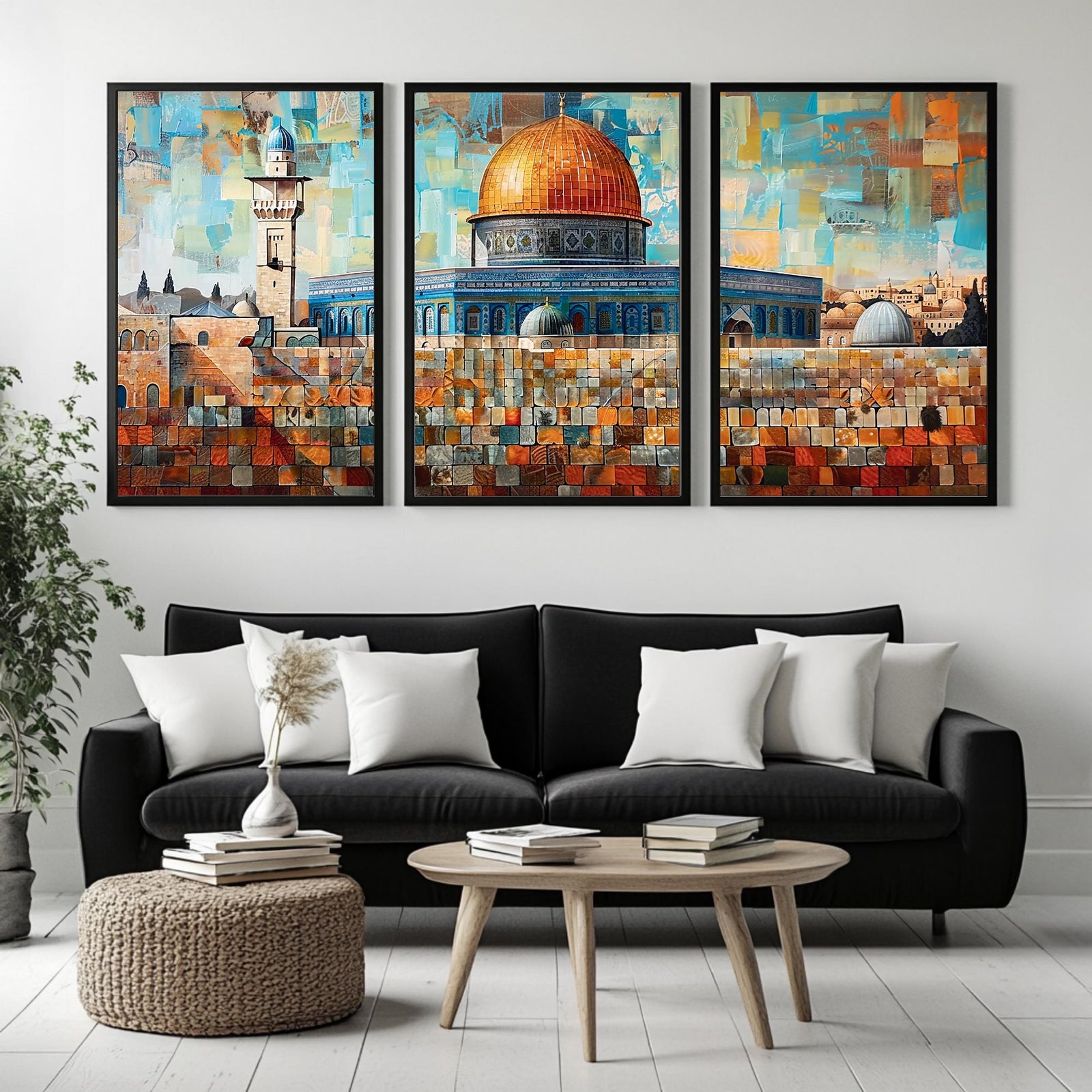 Set of 3 framed canvas triptych depicting Masjed Al Aqsa and the Dome of the Rock in Jerusalem in a bold mosaic patchwork style with warm terracotta and teal tones, displayed above a neutral sofa.