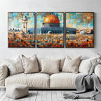 Set of 3 framed canvas triptych depicting Masjed Al Aqsa and the Dome of the Rock in Jerusalem in a bold mosaic patchwork style with warm terracotta and teal tones, displayed above a neutral sofa.