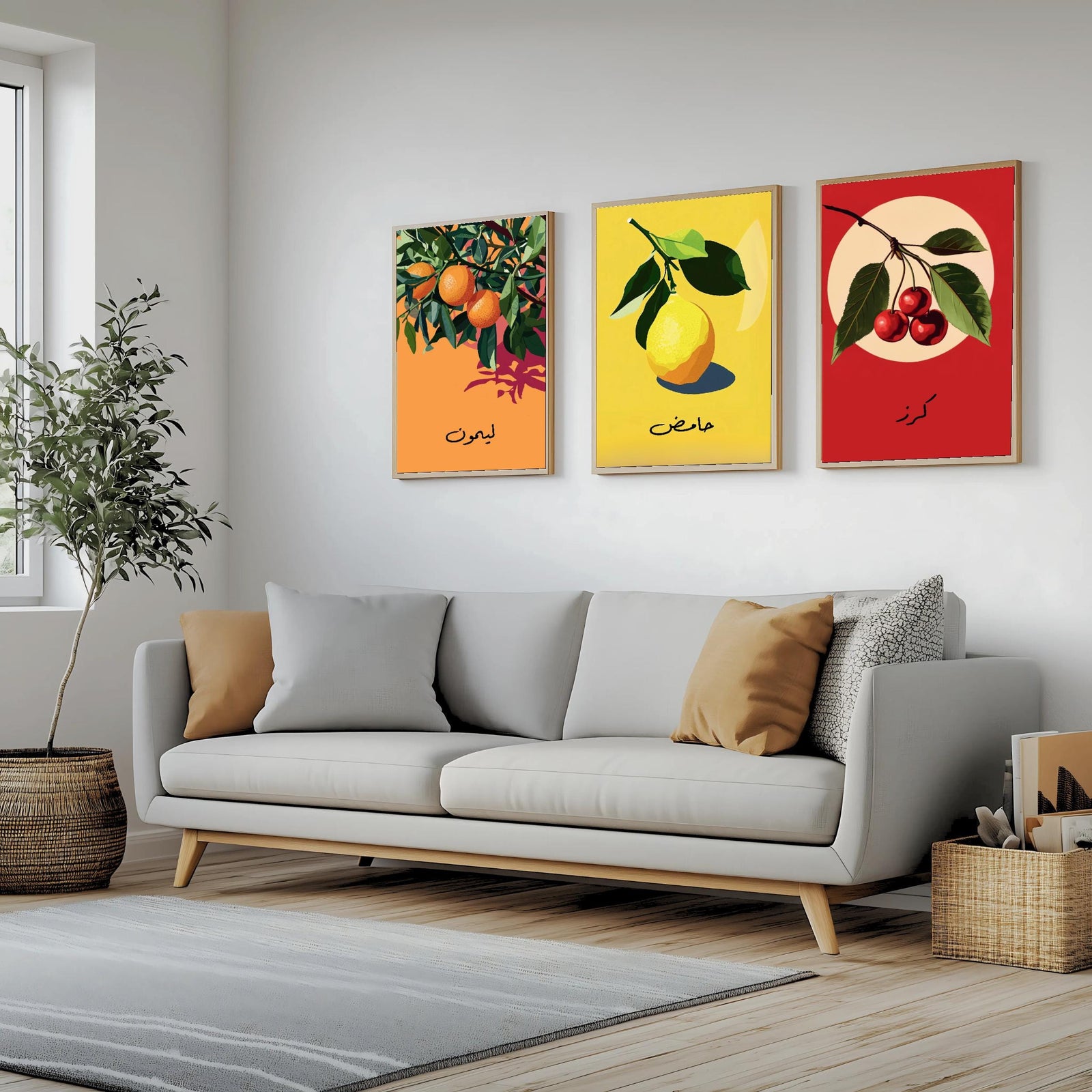 Set of 3 framed canvas triptych featuring bold retro illustrations of orange, lemon and cherry with Arabic calligraphy labels on vibrant orange, yellow and red backgrounds, displayed above a neutral sofa.