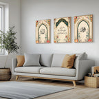 Set of 3 framed canvas triptych featuring Allah, a Quranic dua and Muhammad in Arabic calligraphy inside soft teal floral arches with roses and blossoms on a warm cream background, displayed above a neutral sofa.