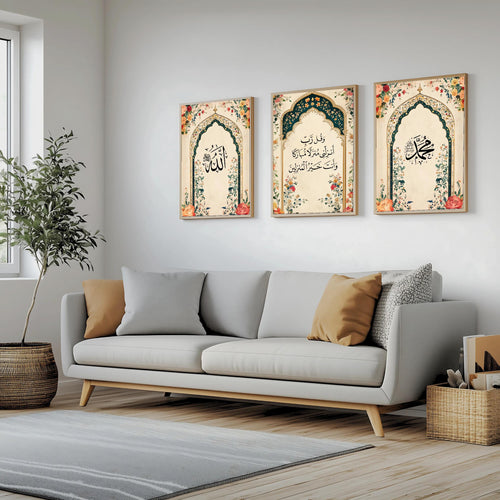 Set of 3 framed canvas triptych featuring Allah, a Quranic dua and Muhammad in Arabic calligraphy inside soft teal floral arches with roses and blossoms on a warm cream background, displayed above a neutral sofa.