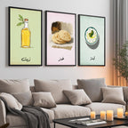 Set of 3 framed canvas triptych featuring illustrated olive oil bottle, flatbread and labneh bowl with Arabic calligraphy labels on soft green, pink and blue pastel backgrounds, displayed above a neutral sofa.