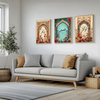 Set of 3 framed canvas triptych with Shukr, Sabr and Tawakkul in Arabic calligraphy inside gold, teal and vintage arches surrounded by lush red and orange Persian garden floral blooms, displayed above a neutral sofa.