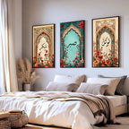 Set of 3 framed canvas triptych with Shukr, Sabr and Tawakkul in Arabic calligraphy inside gold, teal and vintage arches surrounded by lush red and orange Persian garden floral blooms, displayed above a neutral sofa.