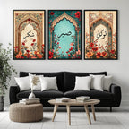 Set of 3 framed canvas triptych with Shukr, Sabr and Tawakkul in Arabic calligraphy inside gold, teal and vintage arches surrounded by lush red and orange Persian garden floral blooms, displayed above a neutral sofa.