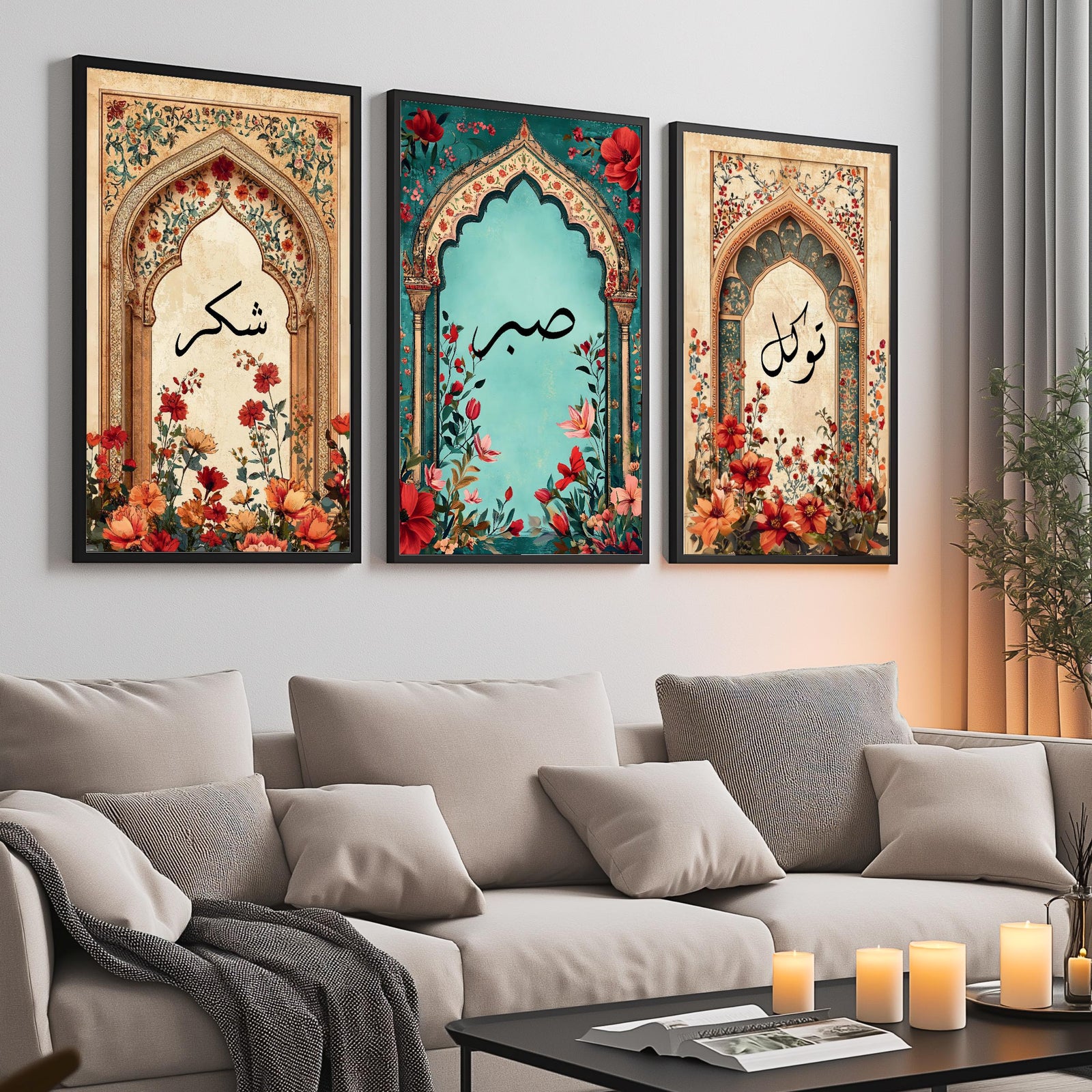 Set of 3 framed canvas triptych with Shukr, Sabr and Tawakkul in Arabic calligraphy inside gold, teal and vintage arches surrounded by lush red and orange Persian garden floral blooms, displayed above a neutral sofa.