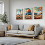 Set of 3 framed canvas triptych depicting Masjed Al Aqsa and the Dome of the Rock in Jerusalem in a bold mosaic patchwork style with warm terracotta and teal tones, displayed above a neutral sofa.