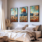 Set of 3 framed canvas triptych depicting Masjed Al Aqsa and the Dome of the Rock in Jerusalem in a bold mosaic patchwork style with warm terracotta and teal tones, displayed above a neutral sofa.