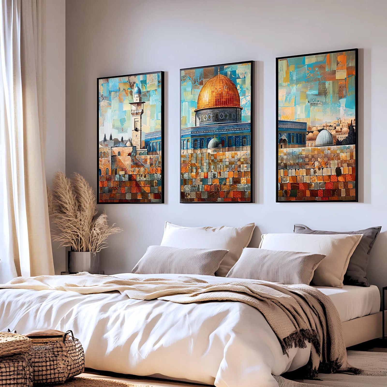Set of 3 framed canvas triptych depicting Masjed Al Aqsa and the Dome of the Rock in Jerusalem in a bold mosaic patchwork style with warm terracotta and teal tones, displayed above a neutral sofa.