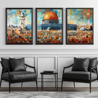 Set of 3 framed canvas triptych depicting Masjed Al Aqsa and the Dome of the Rock in Jerusalem in a bold mosaic patchwork style with warm terracotta and teal tones, displayed above a neutral sofa.
