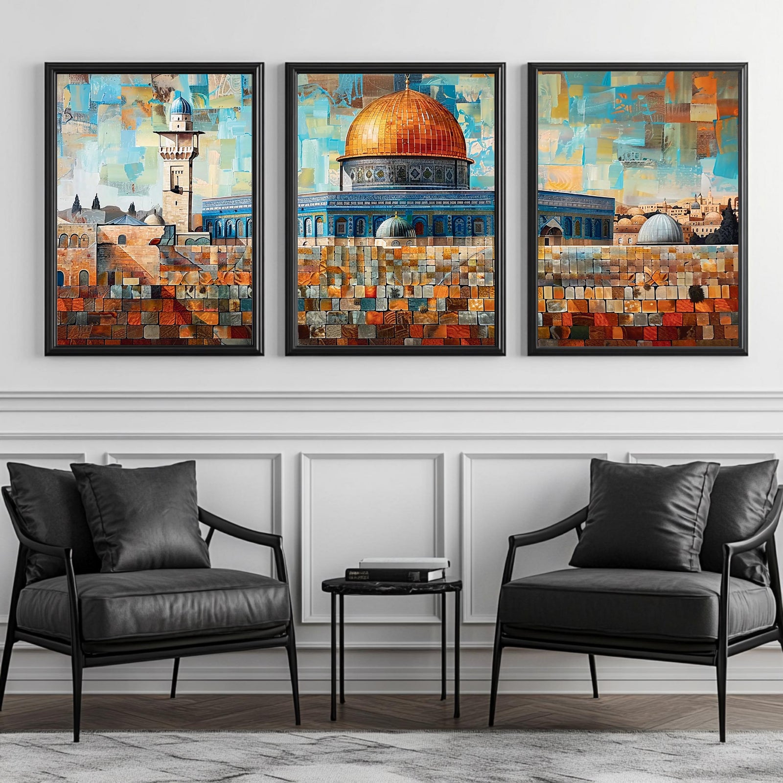 Set of 3 framed canvas triptych depicting Masjed Al Aqsa and the Dome of the Rock in Jerusalem in a bold mosaic patchwork style with warm terracotta and teal tones, displayed above a neutral sofa.