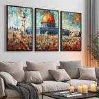 Set of 3 framed canvas triptych depicting Masjed Al Aqsa and the Dome of the Rock in Jerusalem in a bold mosaic patchwork style with warm terracotta and teal tones, displayed above a neutral sofa.
