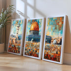 Set of 3 framed canvas triptych depicting Masjed Al Aqsa and the Dome of the Rock in Jerusalem in a bold mosaic patchwork style with warm terracotta and teal tones, displayed above a neutral sofa.