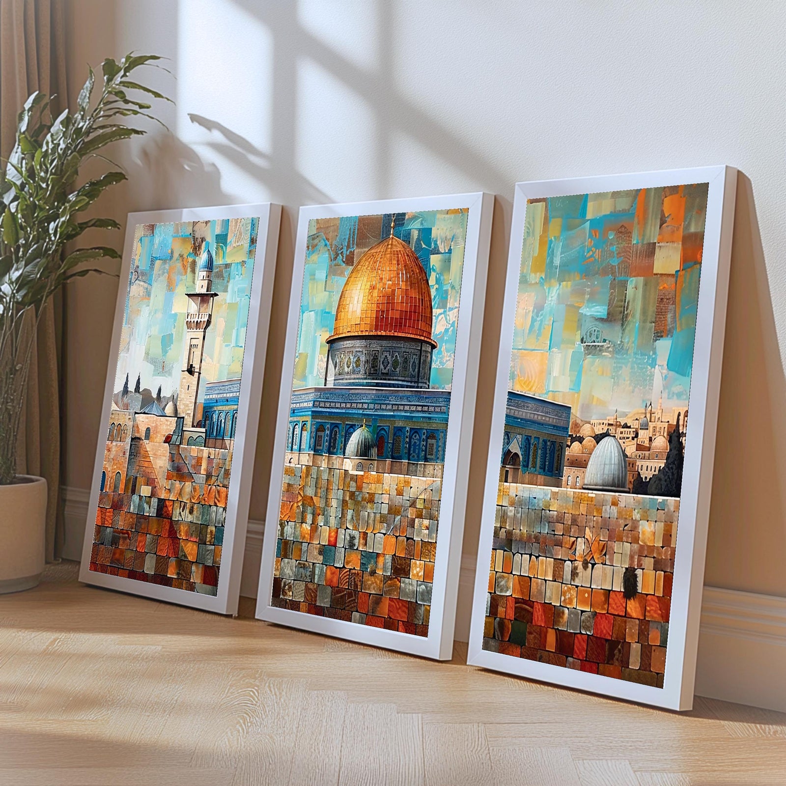 Set of 3 framed canvas triptych depicting Masjed Al Aqsa and the Dome of the Rock in Jerusalem in a bold mosaic patchwork style with warm terracotta and teal tones, displayed above a neutral sofa.