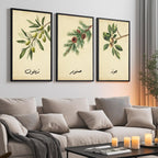 Set of 3 framed canvas triptych featuring botanical illustrations of olive, pine and walnut branches with Arabic calligraphy labels on a warm cream background, displayed above a neutral sofa in a modern living room.