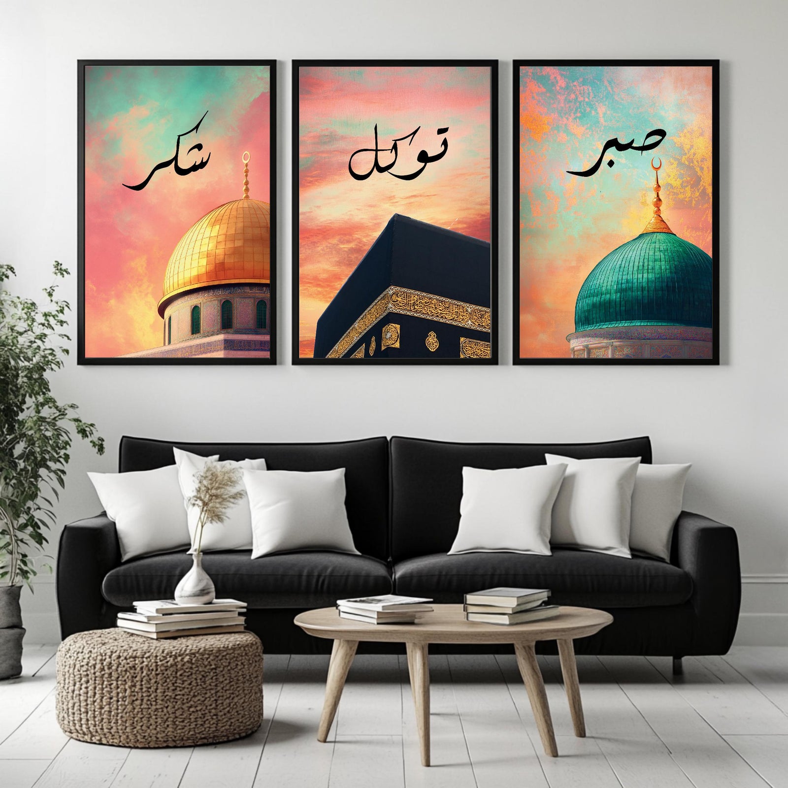 Set of 3 framed canvas triptych with Shukr, Tawakkul and Sabr in Arabic calligraphy above close-up mosque domes against a dreamy coral and teal sunset sky, displayed above a neutral sofa in a modern living room.