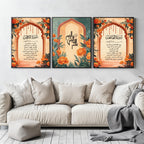 Set of 3 framed canvas triptych with Surah Al-Rahman, Bismillah and Surah Al-Fatiha in Arabic calligraphy inside terracotta arches with orange marigold flowers and teal accents, displayed above a neutral sofa.