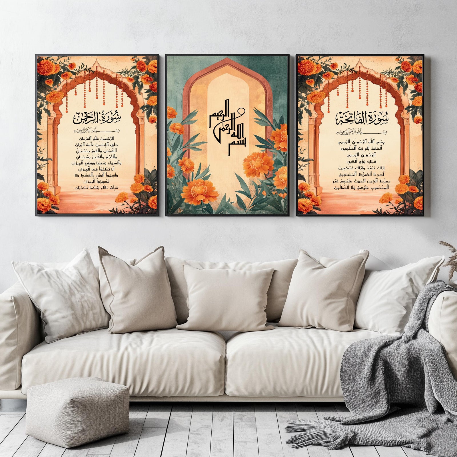 Set of 3 framed canvas triptych with Surah Al-Rahman, Bismillah and Surah Al-Fatiha in Arabic calligraphy inside terracotta arches with orange marigold flowers and teal accents, displayed above a neutral sofa.