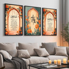 Set of 3 framed canvas triptych with Surah Al-Rahman, Bismillah and Surah Al-Fatiha in Arabic calligraphy inside terracotta arches with orange marigold flowers and teal accents, displayed above a neutral sofa.