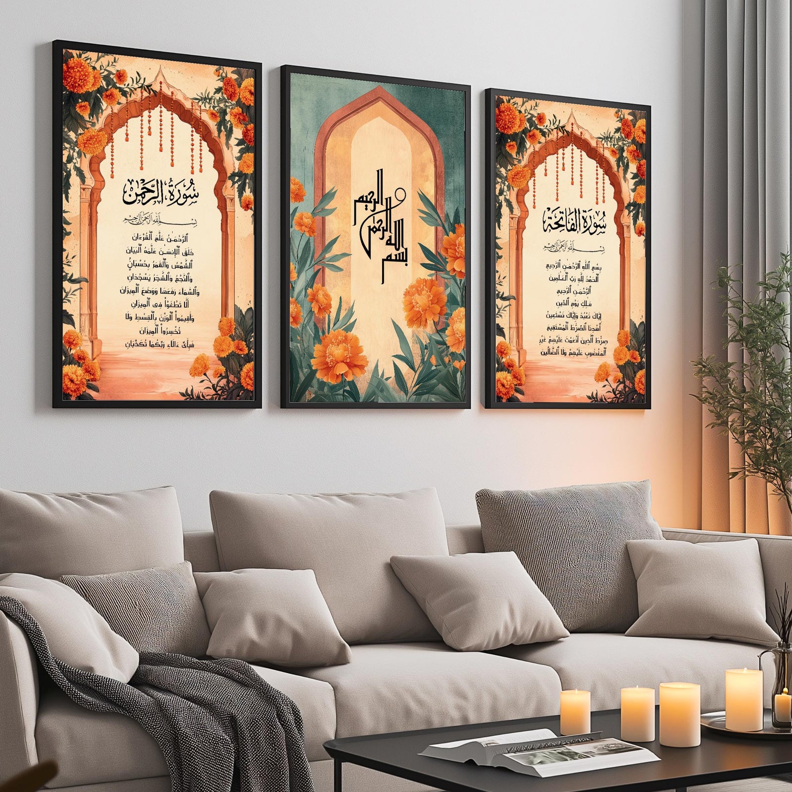 Set of 3 framed canvas triptych with Surah Al-Rahman, Bismillah and Surah Al-Fatiha in Arabic calligraphy inside terracotta arches with orange marigold flowers and teal accents, displayed above a neutral sofa.