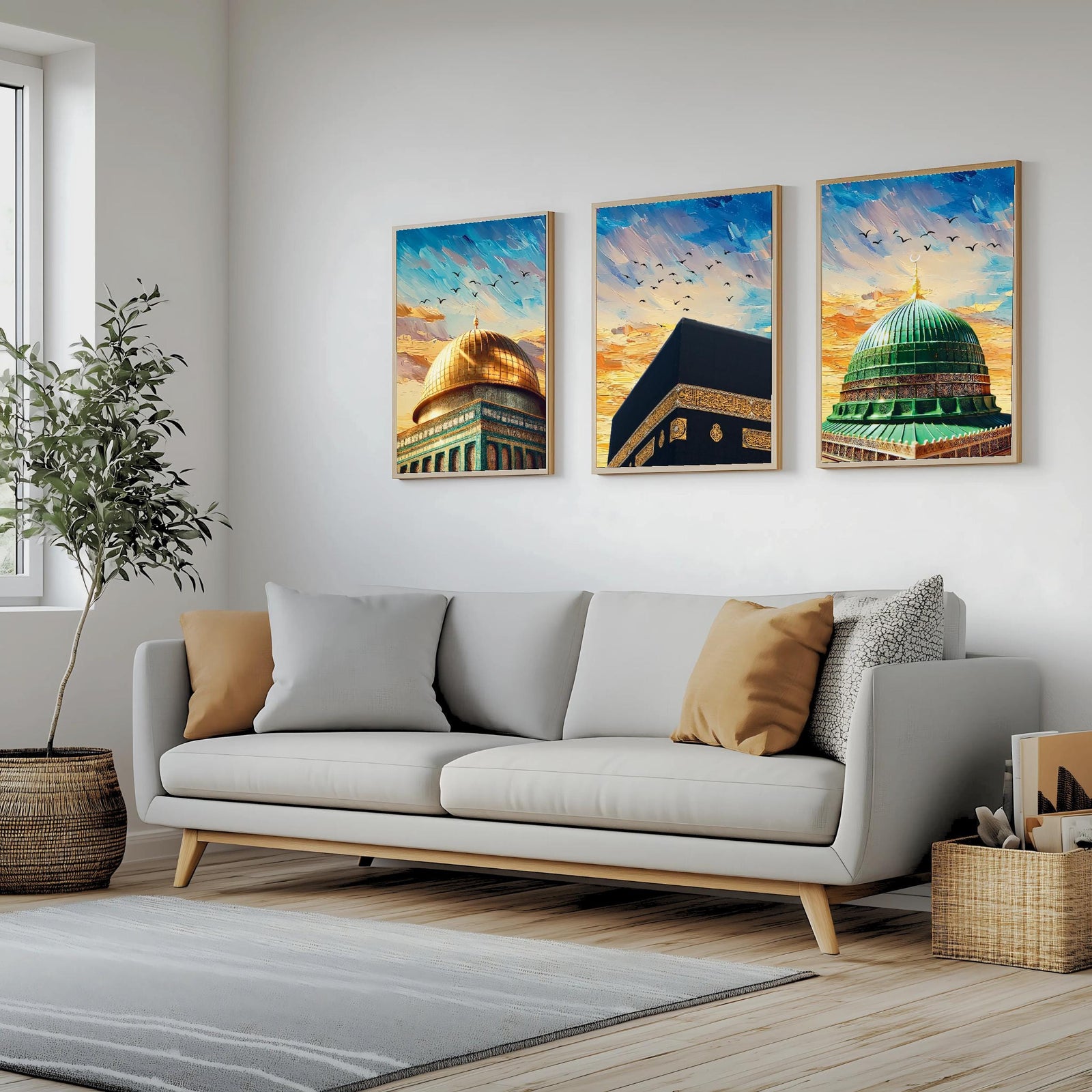 Set of 3 framed canvas triptych showing close-up domes of the Dome of the Rock, Kaaba and Al-Masjid An-Nabawi in bold impressionist brushstrokes with vibrant blue and golden skies and birds in flight.