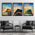 Set of 3 framed canvas triptych showing close-up domes of the Dome of the Rock, Kaaba and Al-Masjid An-Nabawi in bold impressionist brushstrokes with vibrant blue and golden skies and birds in flight.