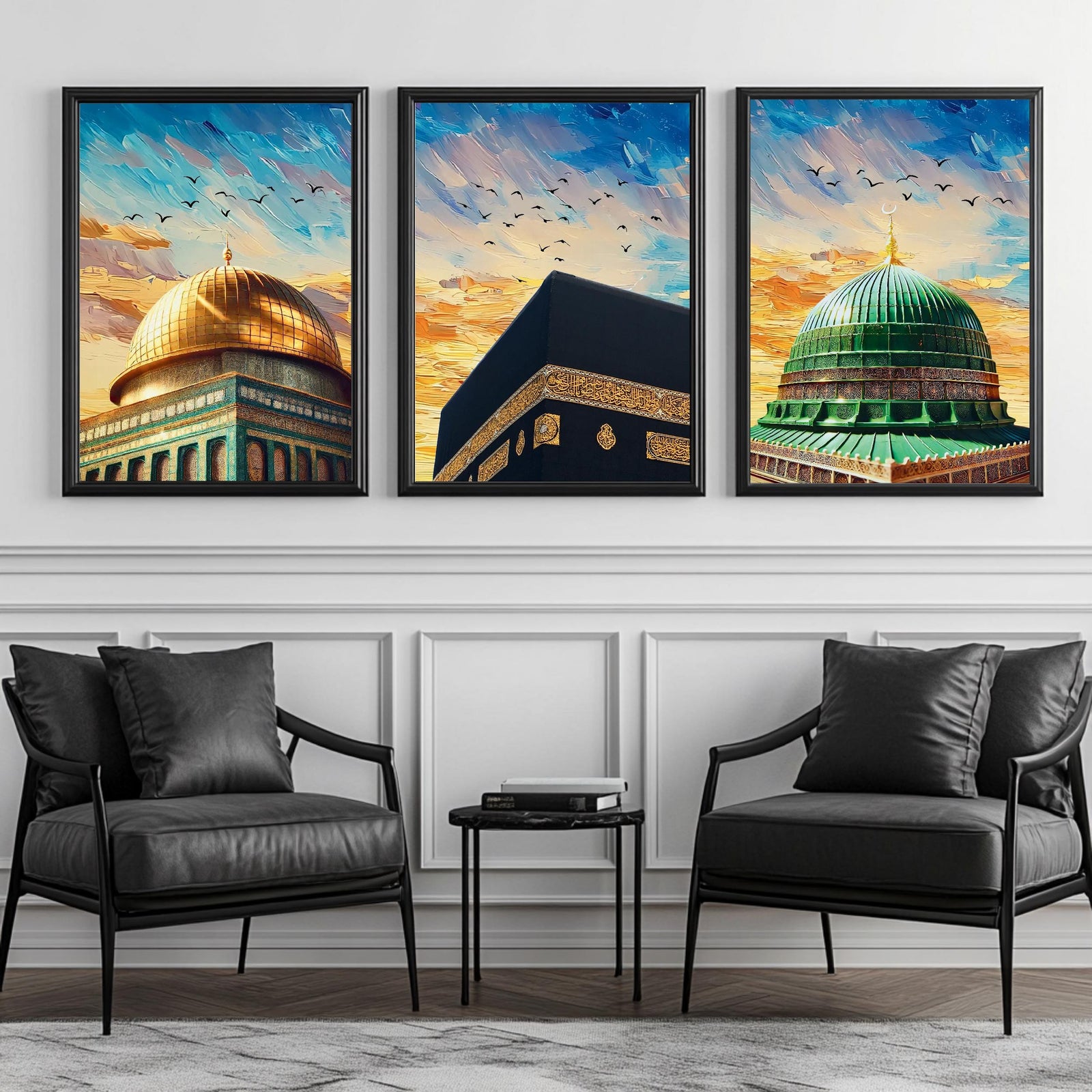 Set of 3 framed canvas triptych showing close-up domes of the Dome of the Rock, Kaaba and Al-Masjid An-Nabawi in bold impressionist brushstrokes with vibrant blue and golden skies and birds in flight.