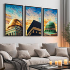 Set of 3 framed canvas triptych showing close-up domes of the Dome of the Rock, Kaaba and Al-Masjid An-Nabawi in bold impressionist brushstrokes with vibrant blue and golden skies and birds in flight.