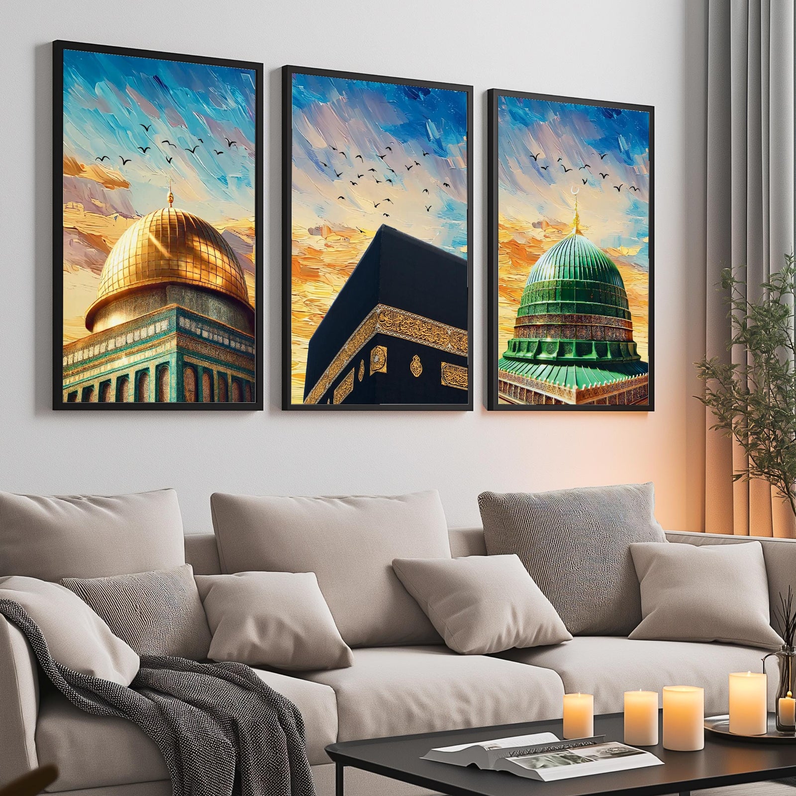 Set of 3 framed canvas triptych showing close-up domes of the Dome of the Rock, Kaaba and Al-Masjid An-Nabawi in bold impressionist brushstrokes with vibrant blue and golden skies and birds in flight.