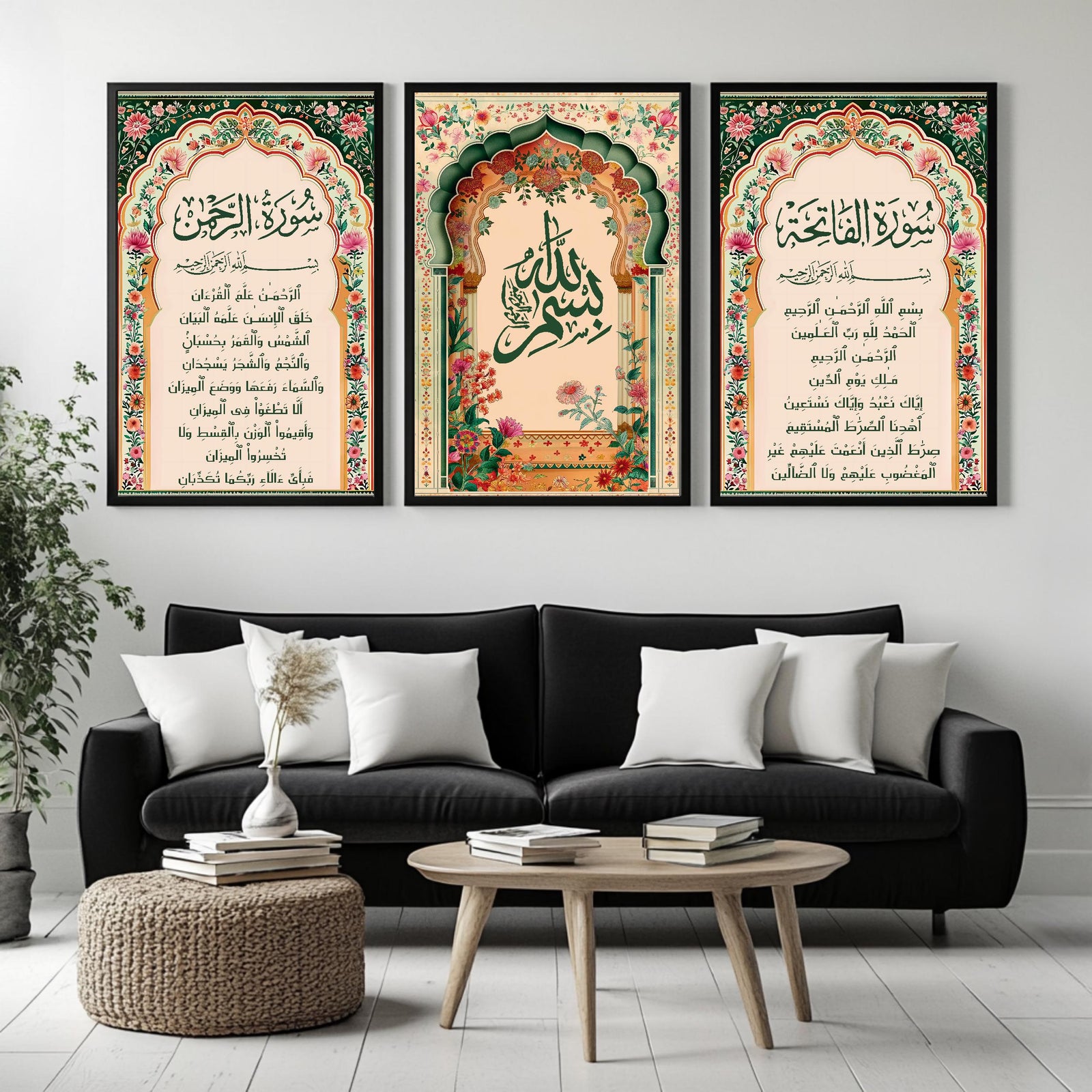 Set of 3 framed canvas triptych with Surah Al-Rahman, large Bismillah calligraphy and Surah Al-Fatiha inside vibrant green and pink Mughal floral arches on a warm cream background, displayed above a neutral sofa.