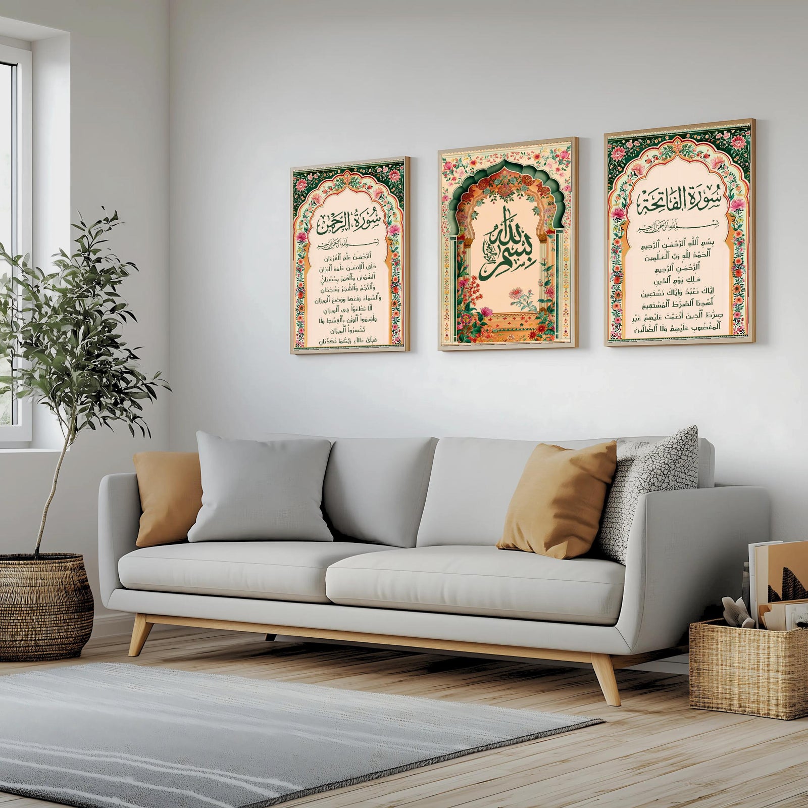 Set of 3 framed canvas triptych with Surah Al-Rahman, large Bismillah calligraphy and Surah Al-Fatiha inside vibrant green and pink Mughal floral arches on a warm cream background, displayed above a neutral sofa.
