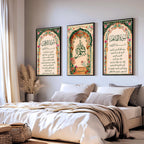Set of 3 framed canvas triptych with Surah Al-Rahman, large Bismillah calligraphy and Surah Al-Fatiha inside vibrant green and pink Mughal floral arches on a warm cream background, displayed above a neutral sofa.