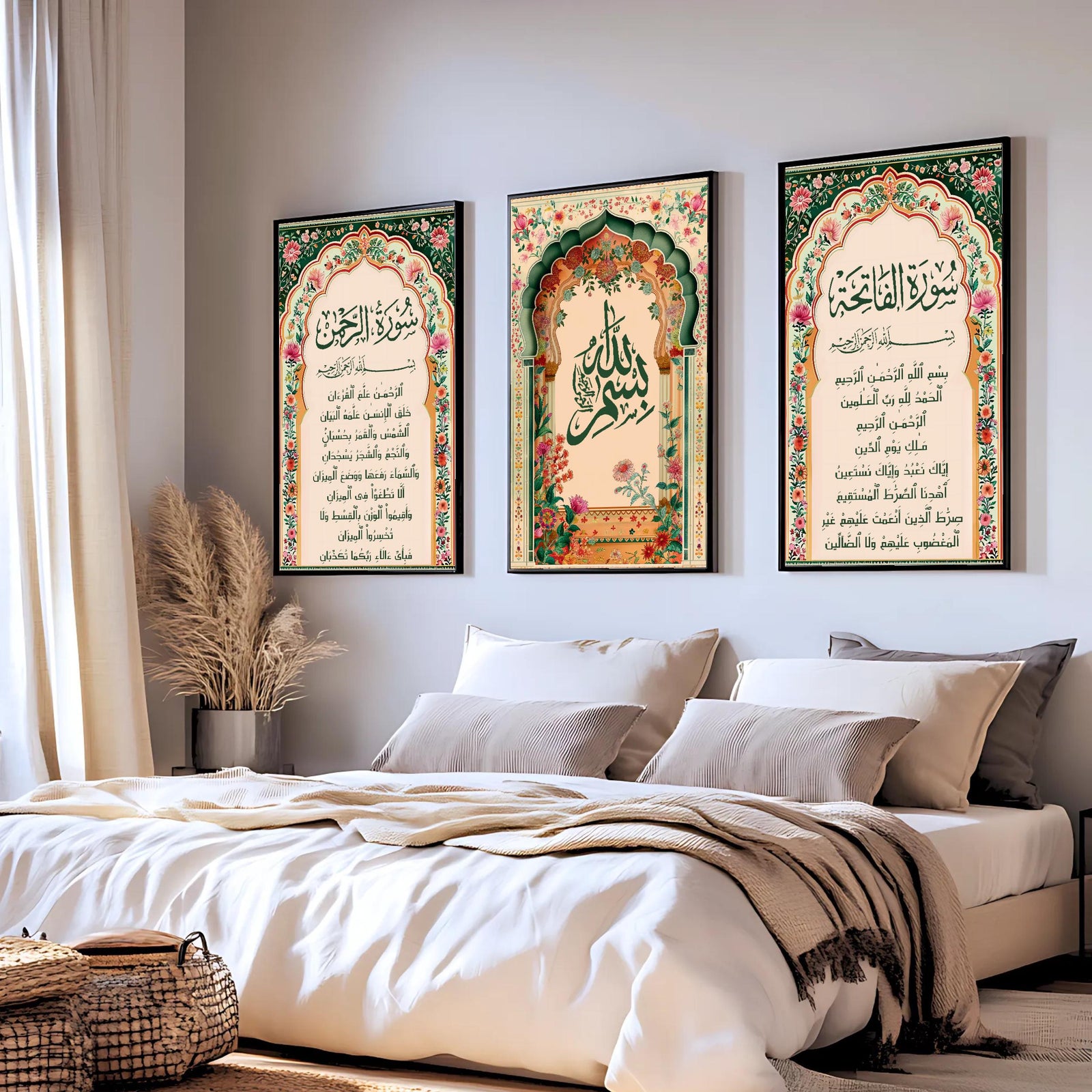 Set of 3 framed canvas triptych with Surah Al-Rahman, large Bismillah calligraphy and Surah Al-Fatiha inside vibrant green and pink Mughal floral arches on a warm cream background, displayed above a neutral sofa.