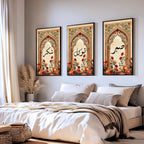 Set of 3 framed canvas triptych featuring Sabr, Shukr and Tawakkul Arabic calligraphy on ornate golden Islamic arches with vibrant floral bouquets in warm tones, displayed above a neutral sofa in a modern living room.