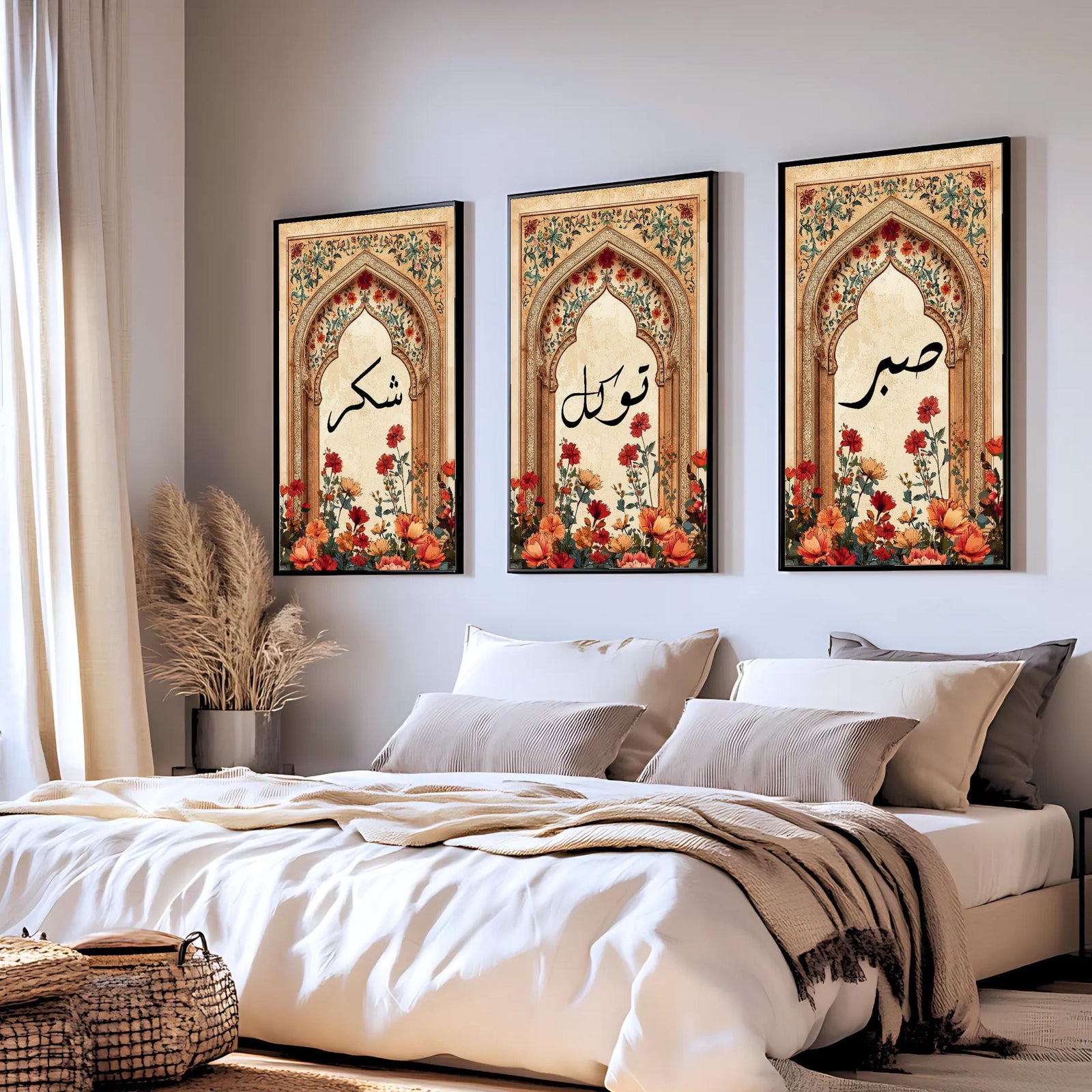 Set of 3 framed canvas triptych featuring Sabr, Shukr and Tawakkul Arabic calligraphy on ornate golden Islamic arches with vibrant floral bouquets in warm tones, displayed above a neutral sofa in a modern living room.