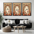 Set of 3 framed canvas triptych featuring Sabr, Shukr and Tawakkul Arabic calligraphy on ornate golden Islamic arches with vibrant floral bouquets in warm tones, displayed above a neutral sofa in a modern living room.