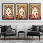 Set of 3 framed canvas triptych featuring Sabr, Shukr and Tawakkul Arabic calligraphy on ornate golden Islamic arches with vibrant floral bouquets in warm tones, displayed above a neutral sofa in a modern living room.