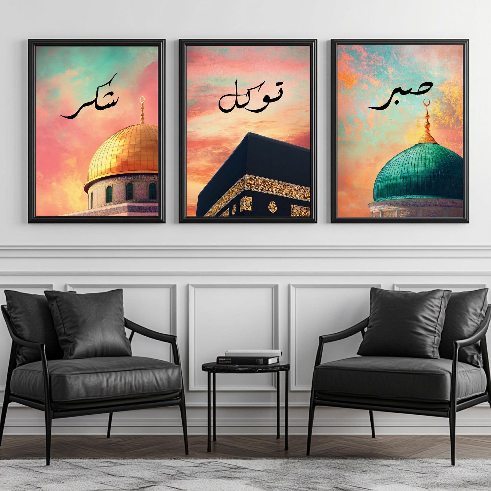 Set of 3 framed canvas triptych with Shukr, Tawakkul and Sabr in Arabic calligraphy above close-up mosque domes against a dreamy coral and teal sunset sky, displayed above a neutral sofa in a modern living room.